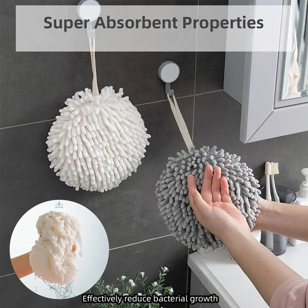Chenille Hand Towel Ball 3PCS Absorbent Quick Dry Hanging Loop 17 x 17cm