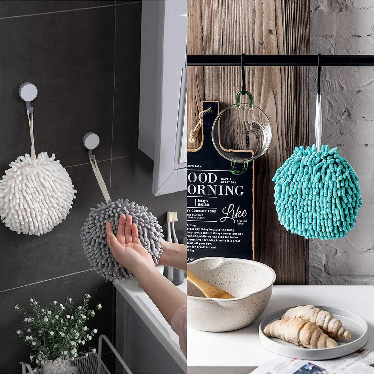 Chenille Hand Towel Ball 3PCS Absorbent Quick Dry Hanging Loop 17 x 17cm