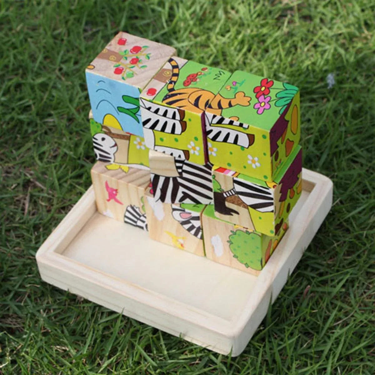10PCS Wooden 3D Puzzle Blocks Educational Toy Matching Game with Solid Wood Tray