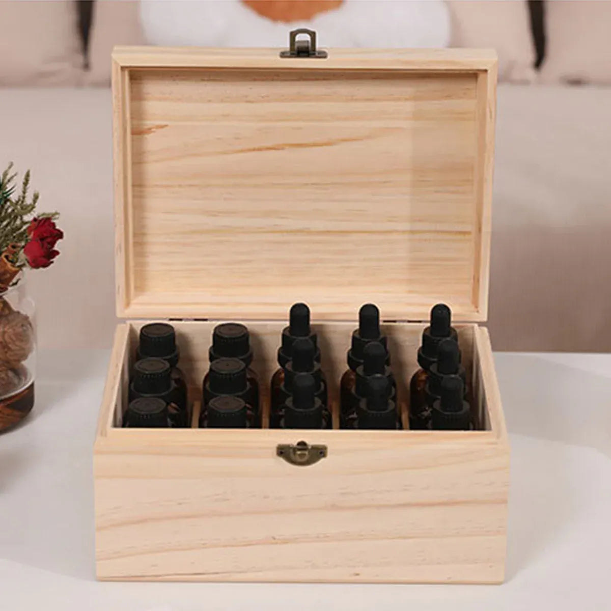 Large Capacity Solid Wood 15-Slot Essential Oil Storage Box Dustproof Durable
