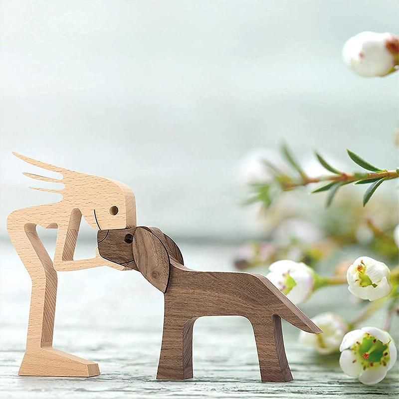 Handmade Wooden Statue Sitting Family and Dog Craft Home Decor - B05