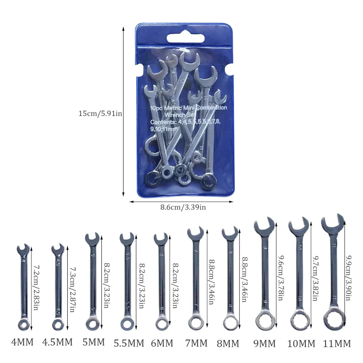 10PCS Mini Mirror Polishing Open-end Wrench and Double-purpose Wrench Set 4-11mm