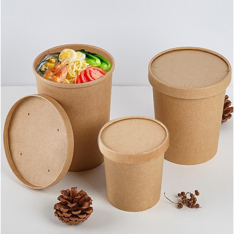 250x Biodegradable Kraft Paper Soup Bucket with Lid Takeaway Tubs Cups - 450ML (16OZ)