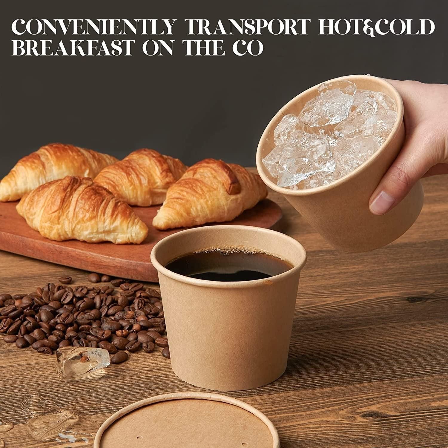 250x Biodegradable Kraft Paper Soup Bucket with Lid Takeaway Tubs Cups - 450ML (16OZ)