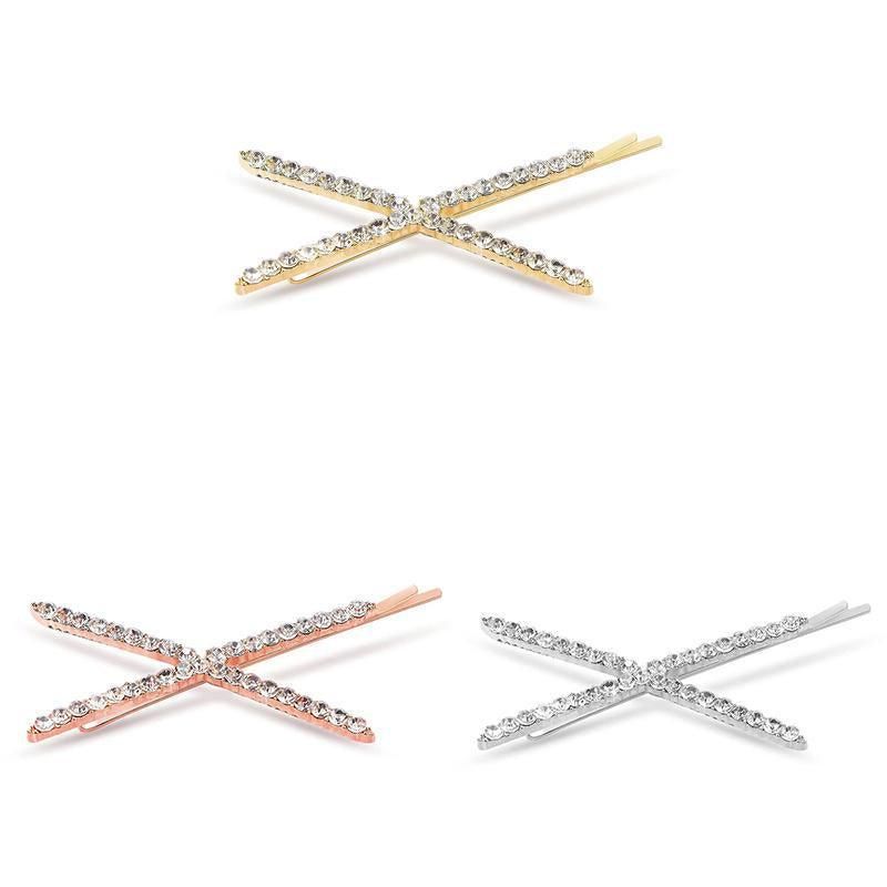 X Shaped Crystal Rhinestone Hair Clip Pin Barrette Hairpins Headwear Accessories - Rose Gold
