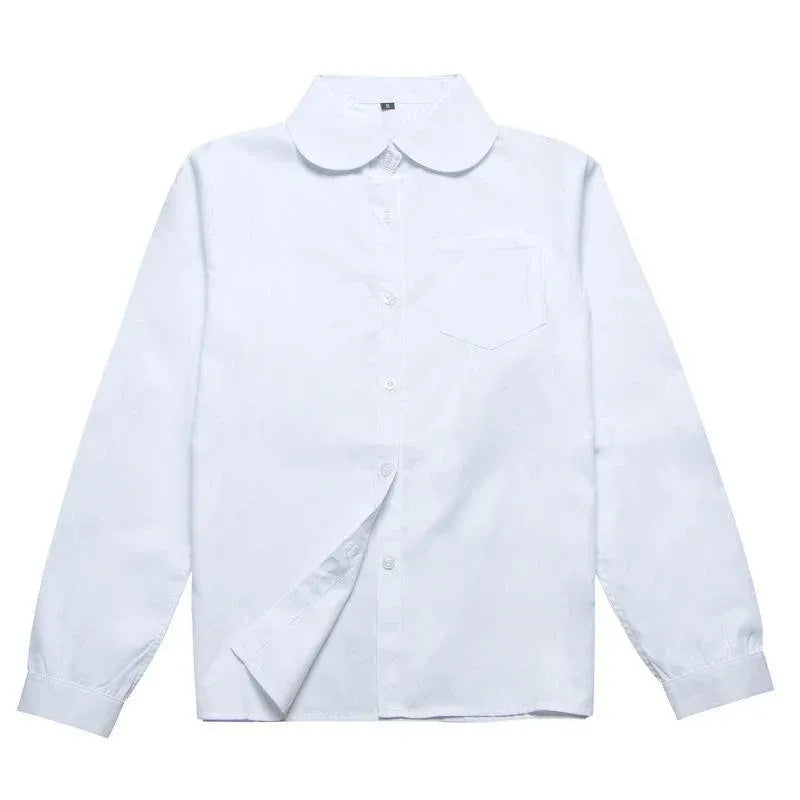 White Girls Peter Pan Collar Long Sleeve School Shirt with two button Adjustable Cuff - S