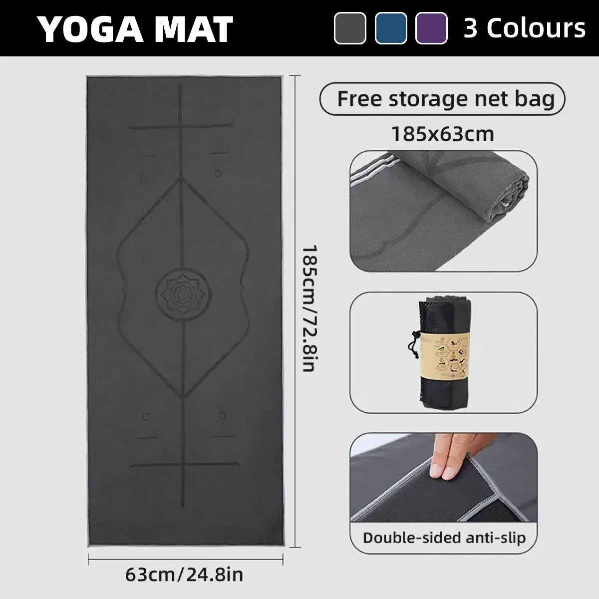 Portable Yoga Blanket with Body Position Line Non Slip Soft for Home Gym Studio - Grey