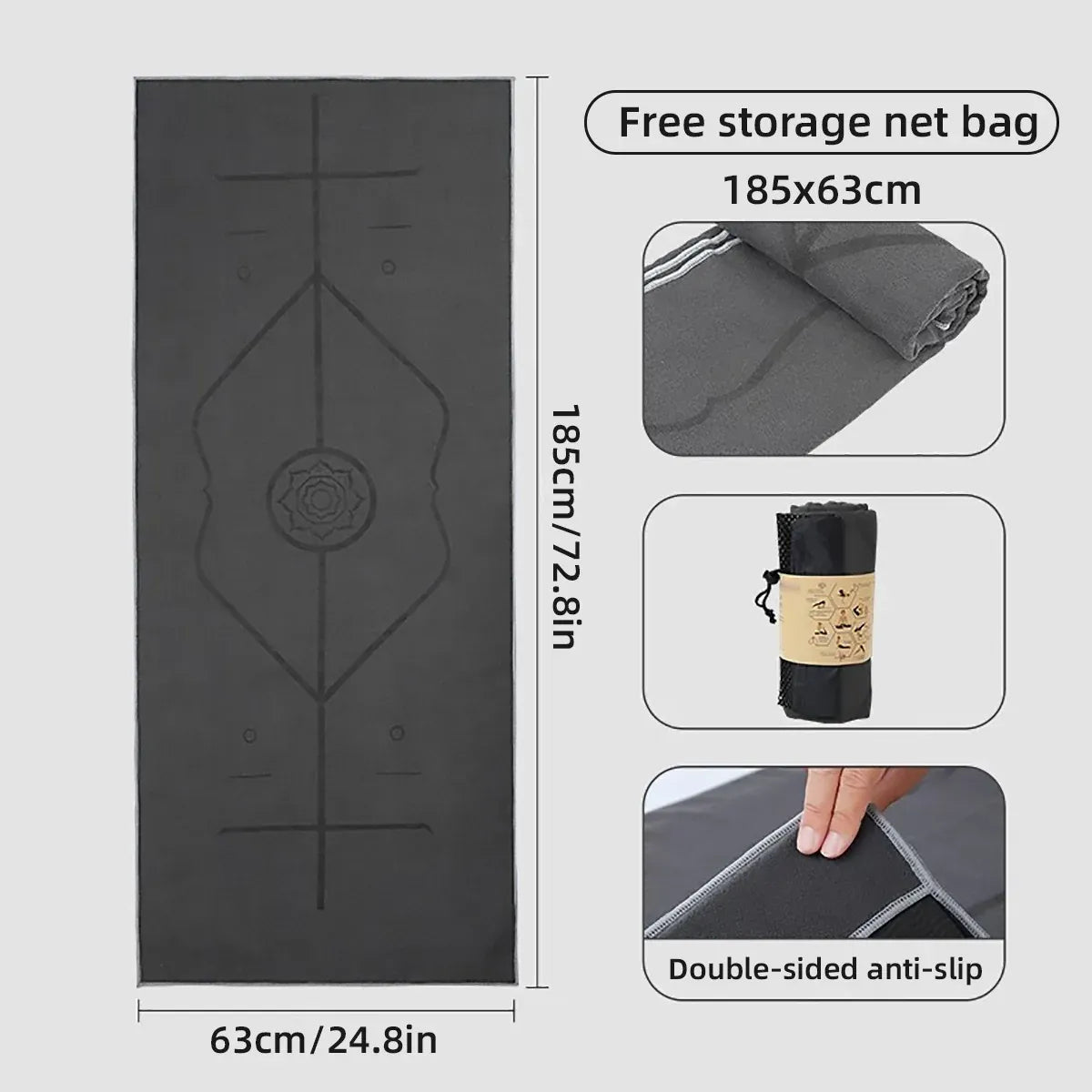 Portable Yoga Blanket with Body Position Line Non Slip Soft for Home Gym Studio - Grey