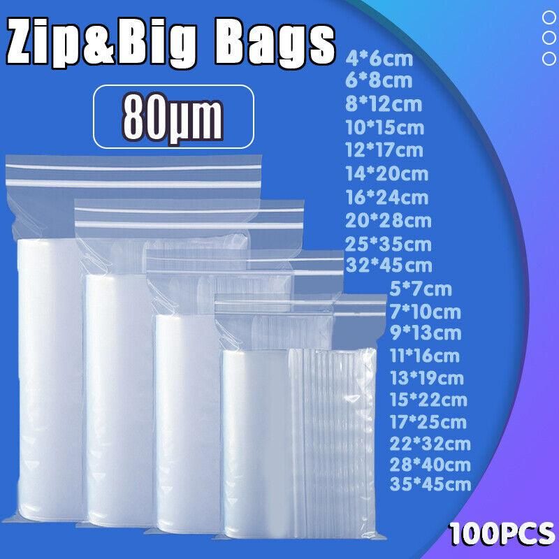 100X Bulk Clear Resealable PE Plastic Zip Bags - 20*28cm 100PCS