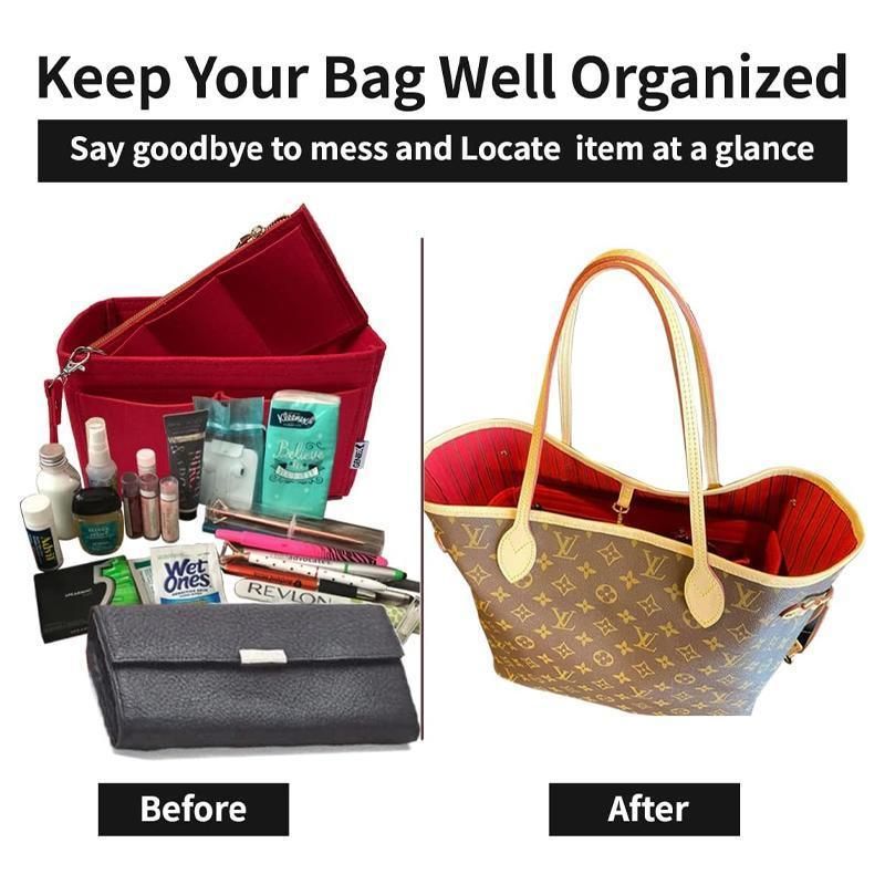 Felt Handbag Organizer Insert with Multiple Pockets for Tote and Purse - Red L Size