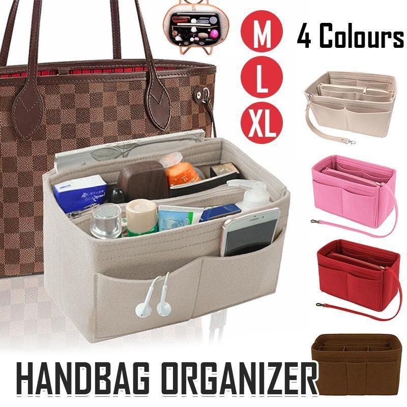 Felt Handbag Organizer Insert with Multiple Pockets for Tote and Purse - Red L Size