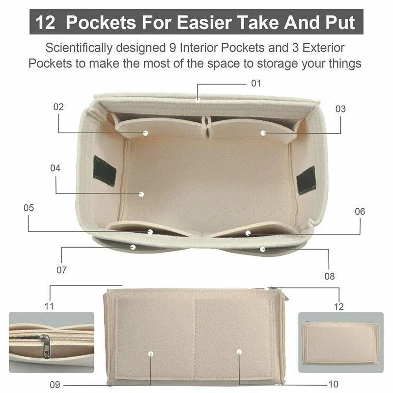 Felt Handbag Organizer Insert with Multiple Pockets for Tote and Purse - Pink XL Size