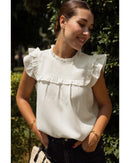 White Solid Color Ruffle Trim Waffle Knit Blouse - XL