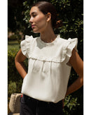 White Solid Color Ruffle Trim Waffle Knit Blouse - XL