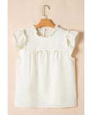White Solid Color Ruffle Trim Waffle Knit Blouse - XL