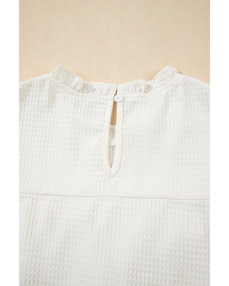White Solid Color Ruffle Trim Waffle Knit Blouse - XL