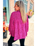 Rose Leopard Shirred Puff Sleeve Flowy Blouse - L
