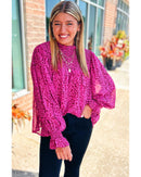 Rose Leopard Shirred Puff Sleeve Flowy Blouse - L