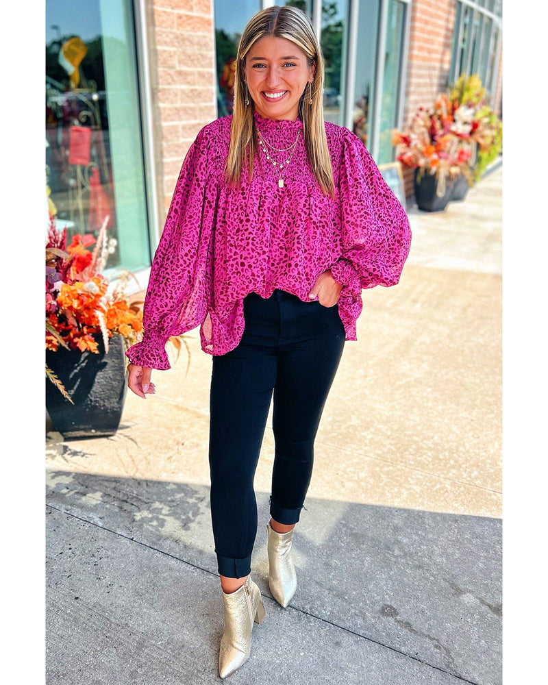 Rose Leopard Shirred Puff Sleeve Flowy Blouse - M