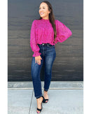 Rose Leopard Shirred Puff Sleeve Flowy Blouse - M