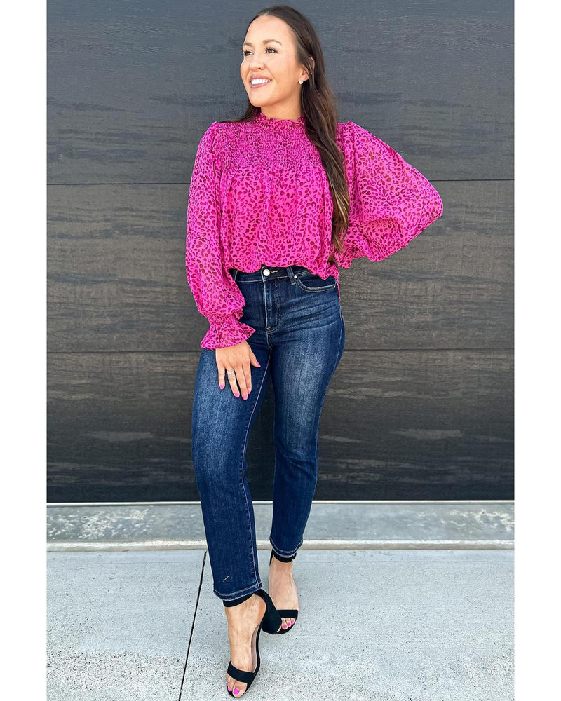 Rose Leopard Shirred Puff Sleeve Flowy Blouse - M