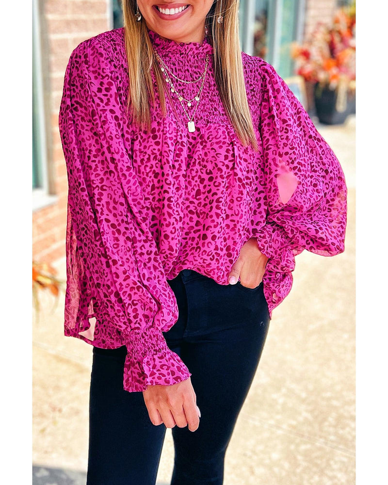 Rose Leopard Shirred Puff Sleeve Flowy Blouse - M