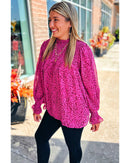 Rose Leopard Shirred Puff Sleeve Flowy Blouse - M