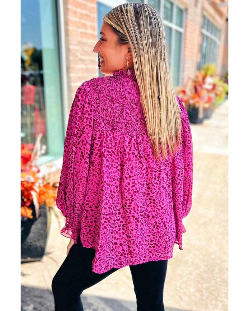 Rose Leopard Shirred Puff Sleeve Flowy Blouse - S