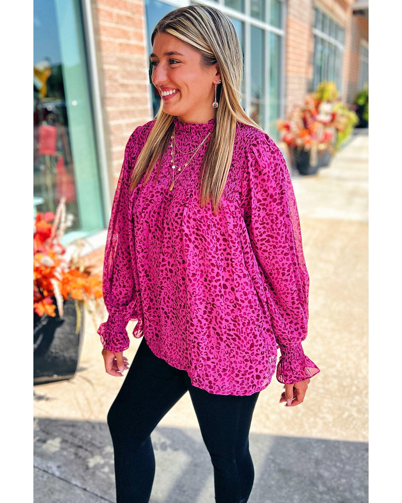 Rose Leopard Shirred Puff Sleeve Flowy Blouse - S