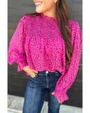 Rose Leopard Shirred Puff Sleeve Flowy Blouse - S