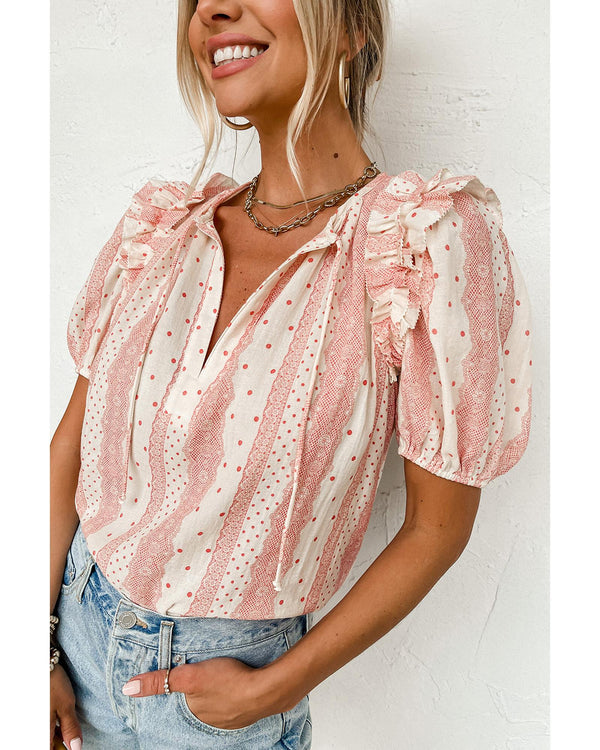 Red Frilled Short Puff Sleeve Mixed Print Blouse - L
