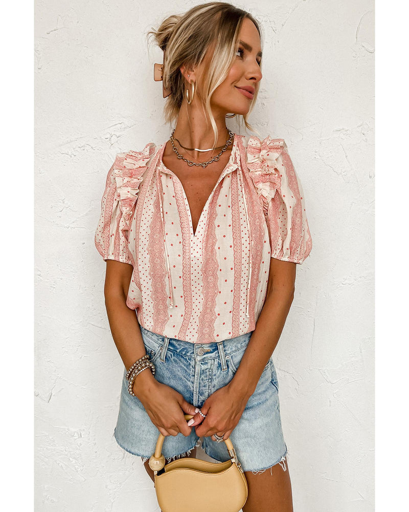 Red Frilled Short Puff Sleeve Mixed Print Blouse - L