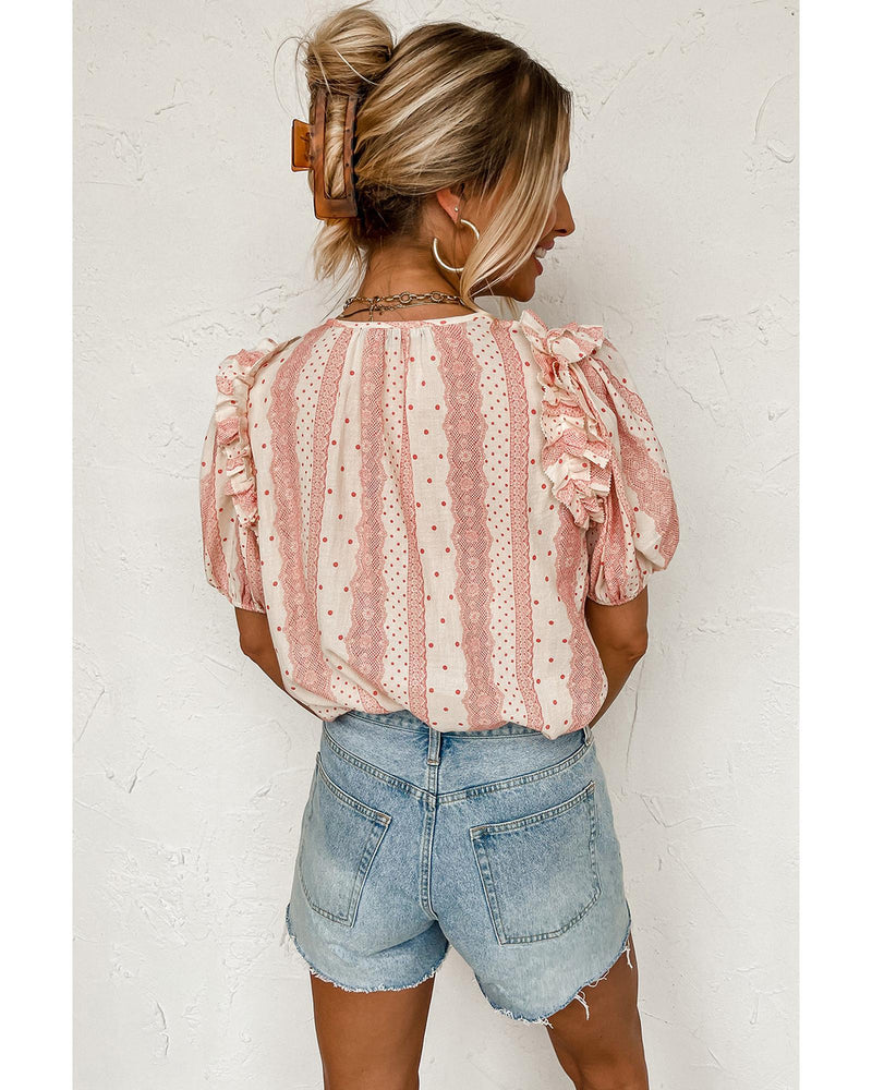 Red Frilled Short Puff Sleeve Mixed Print Blouse - L