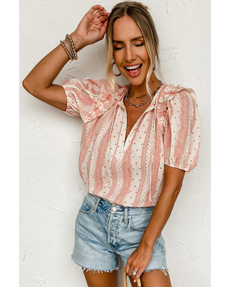 Red Frilled Short Puff Sleeve Mixed Print Blouse - M