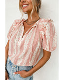 Red Frilled Short Puff Sleeve Mixed Print Blouse - S