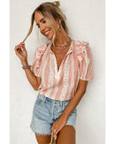 Red Frilled Short Puff Sleeve Mixed Print Blouse - S