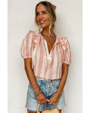 Red Frilled Short Puff Sleeve Mixed Print Blouse - S