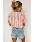 Red Frilled Short Puff Sleeve Mixed Print Blouse - XL