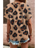 Light French Beige Leopard Folded Short Sleeve Buttoned V Neck Blouse - S