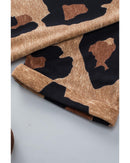 Light French Beige Leopard Folded Short Sleeve Buttoned V Neck Blouse - S