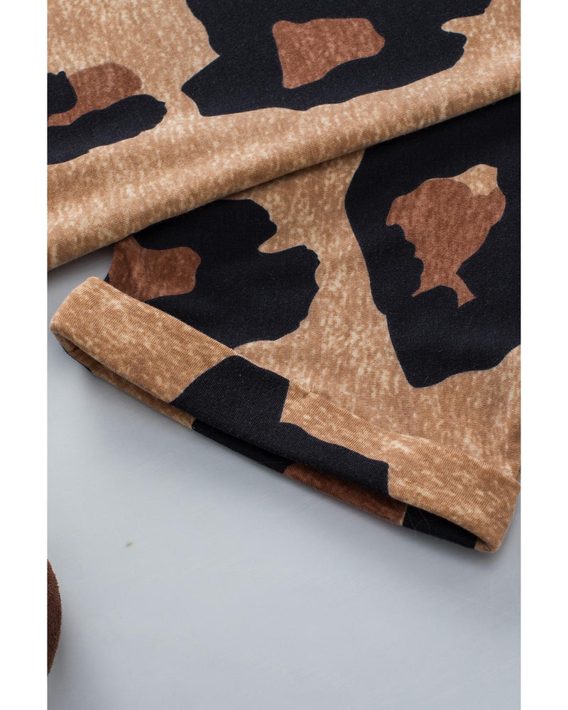 Light French Beige Leopard Folded Short Sleeve Buttoned V Neck Blouse - S