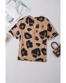 Light French Beige Leopard Folded Short Sleeve Buttoned V Neck Blouse - S