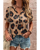 Light French Beige Leopard Folded Short Sleeve Buttoned V Neck Blouse - S