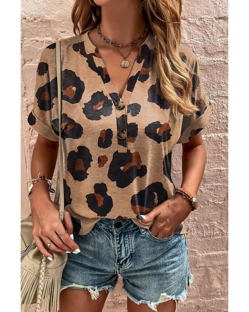 Light French Beige Leopard Folded Short Sleeve Buttoned V Neck Blouse - S