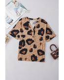 Light French Beige Leopard Folded Short Sleeve Buttoned V Neck Blouse - S
