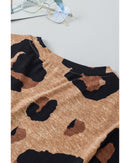 Light French Beige Leopard Folded Short Sleeve Buttoned V Neck Blouse - S