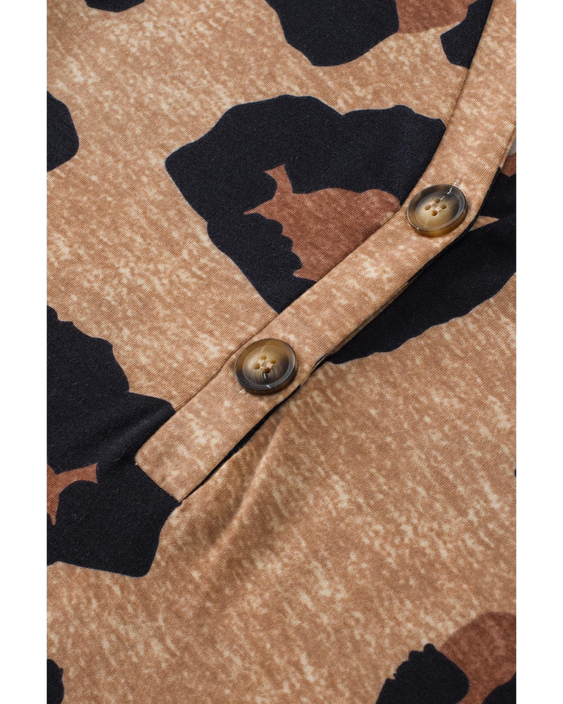 Light French Beige Leopard Folded Short Sleeve Buttoned V Neck Blouse - S