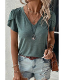 Mist Green Fashion Petal Sleeve V Neck T Shirt - L