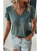 Mist Green Fashion Petal Sleeve V Neck T Shirt - L