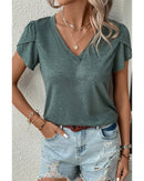 Mist Green Fashion Petal Sleeve V Neck T Shirt - M